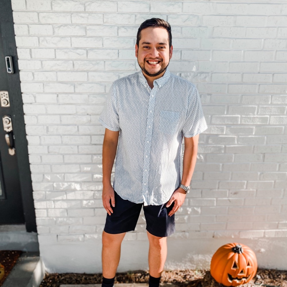 Onia Button Up Short Sleeve Shirt White and Blue